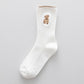 Brown Bear Embroidery Cotton White Crew Sock