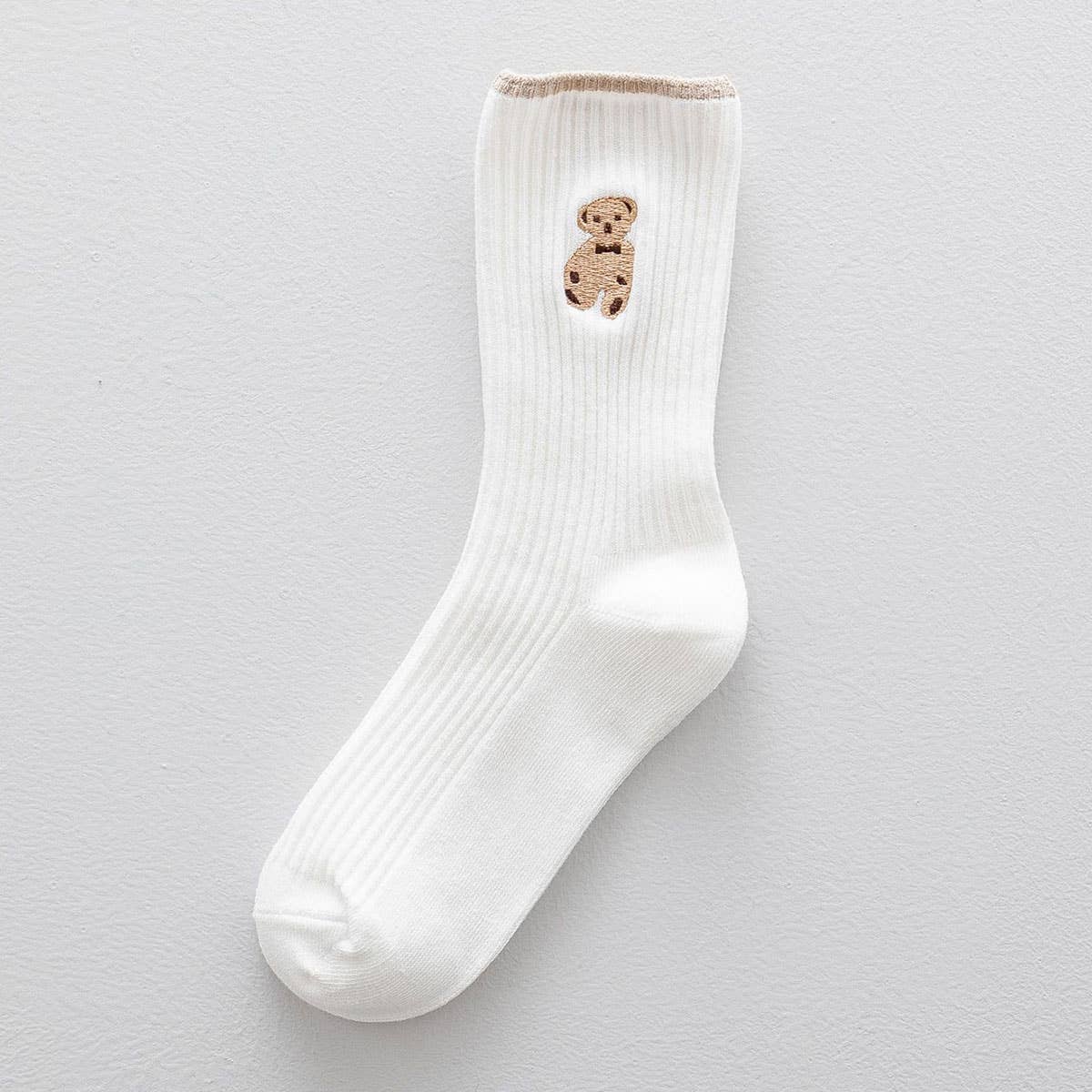 Brown Bear Embroidery Cotton White Crew Sock