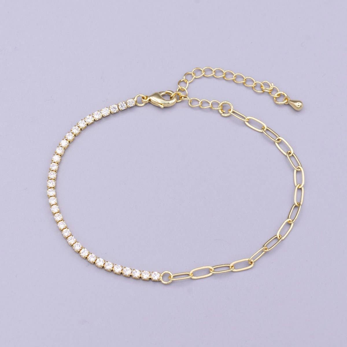 16K Gold Filled 2mm Half Tennis Half Paperclip 7 Inch Chain Bracelet
