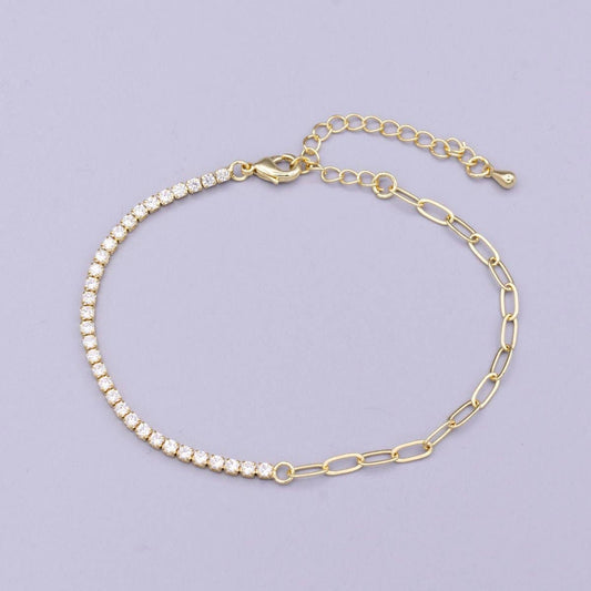 16K Gold Filled 2mm Half Tennis Half Paperclip 7 Inch Chain Bracelet
