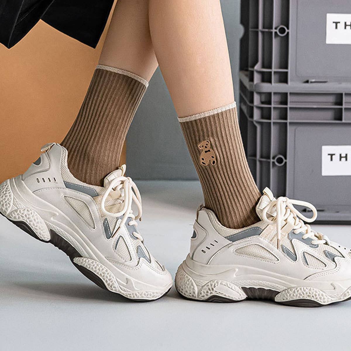 Brown Bear Embroidery Cotton Crew Sock