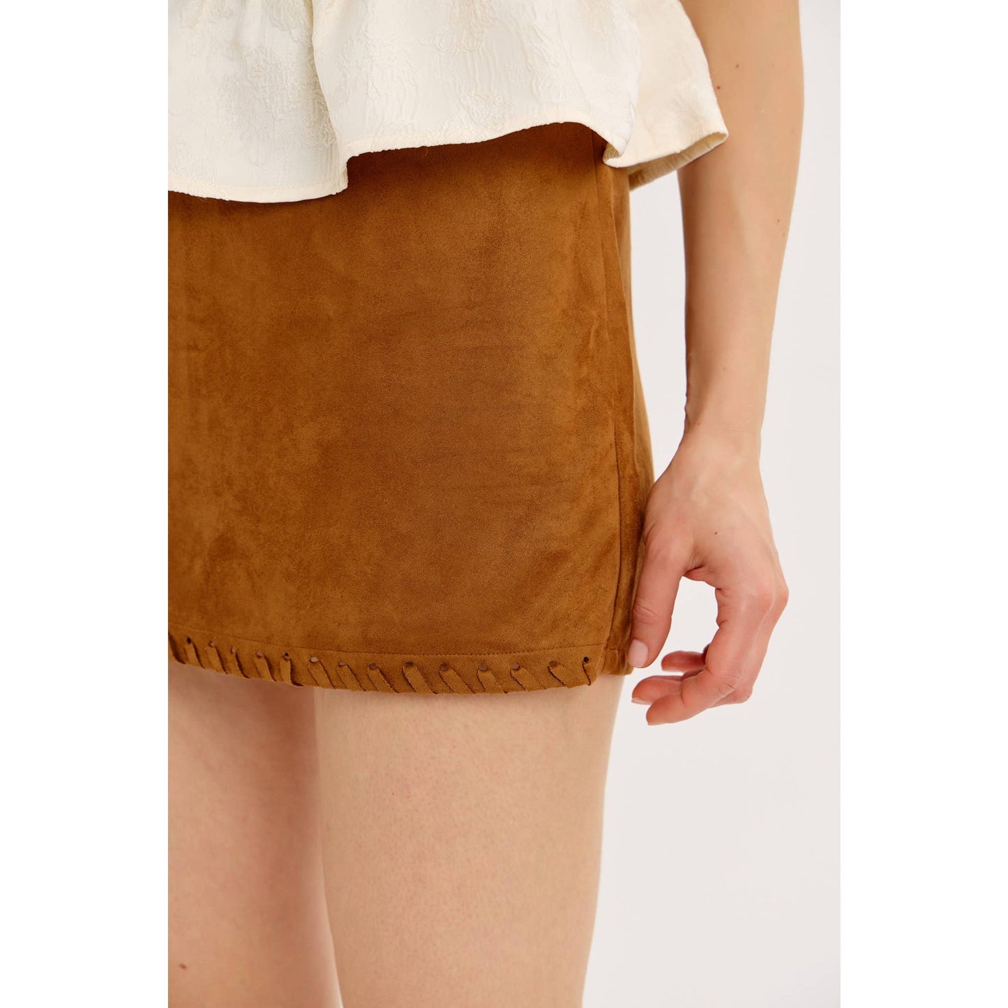 SLEEK FAUX SUEDE MINI SKORT WITH WHIPSTITCH HEM