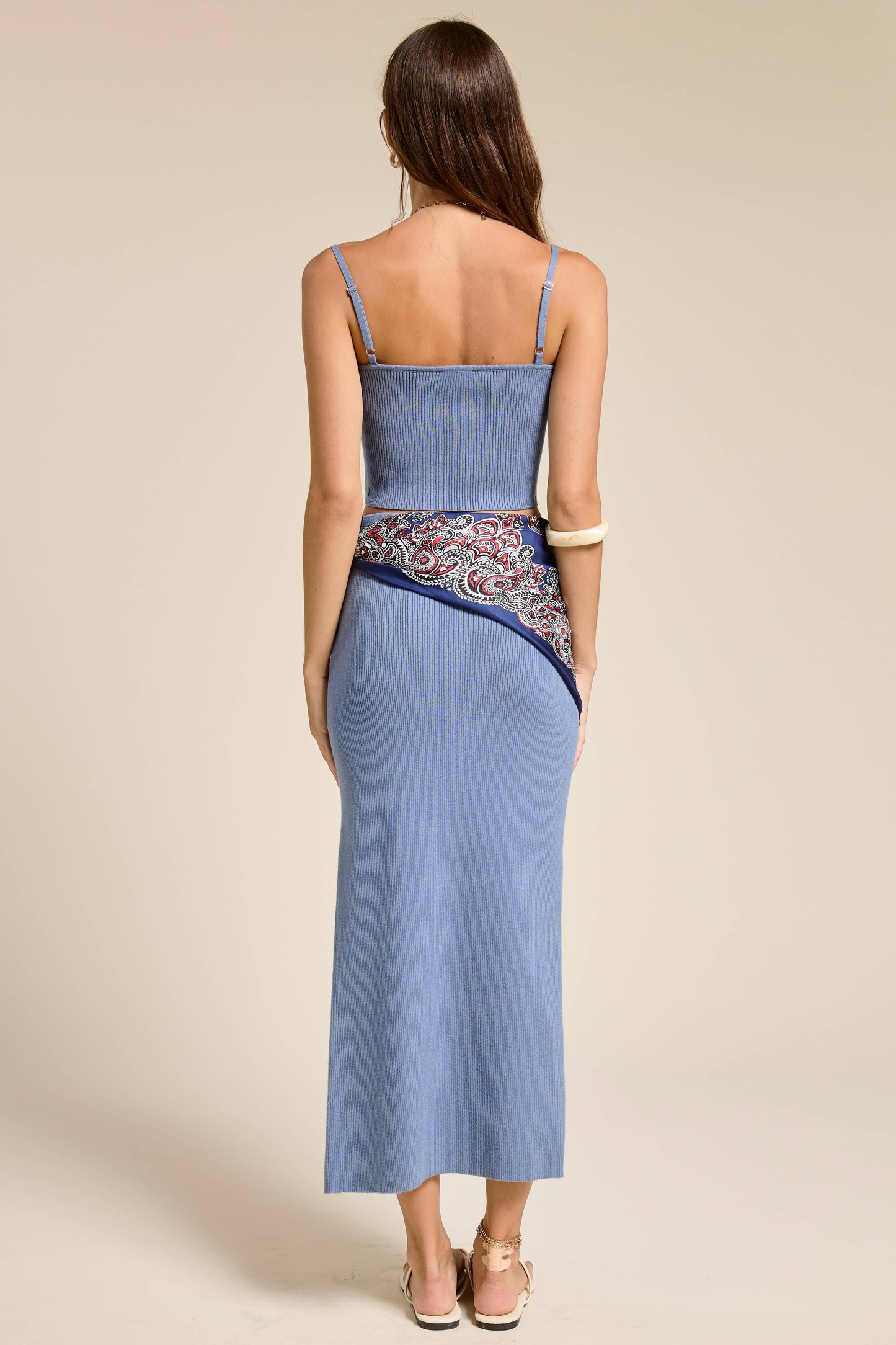 Steel Blue Ribbed Knit Midi Skirt