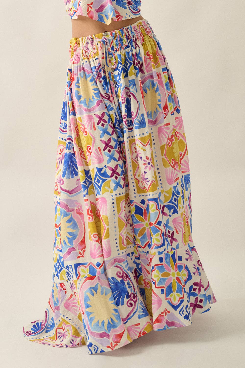 Tropical Floral-Print Smocked-Waist Half-Button Maxi Skirt