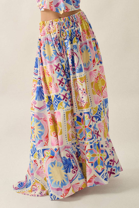 Tropical Floral-Print Smocked-Waist Half-Button Maxi Skirt