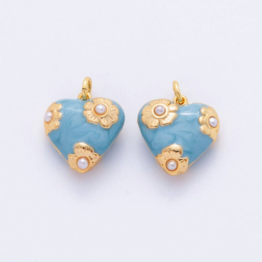 18K Gold Filled Blue Shell Pearl Flower Chubby Heart Multidimensional 3D Charm | N260