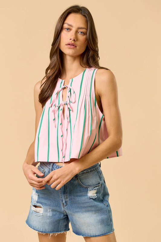 Stripe Print Sleeveless Pleated Front Tie Top