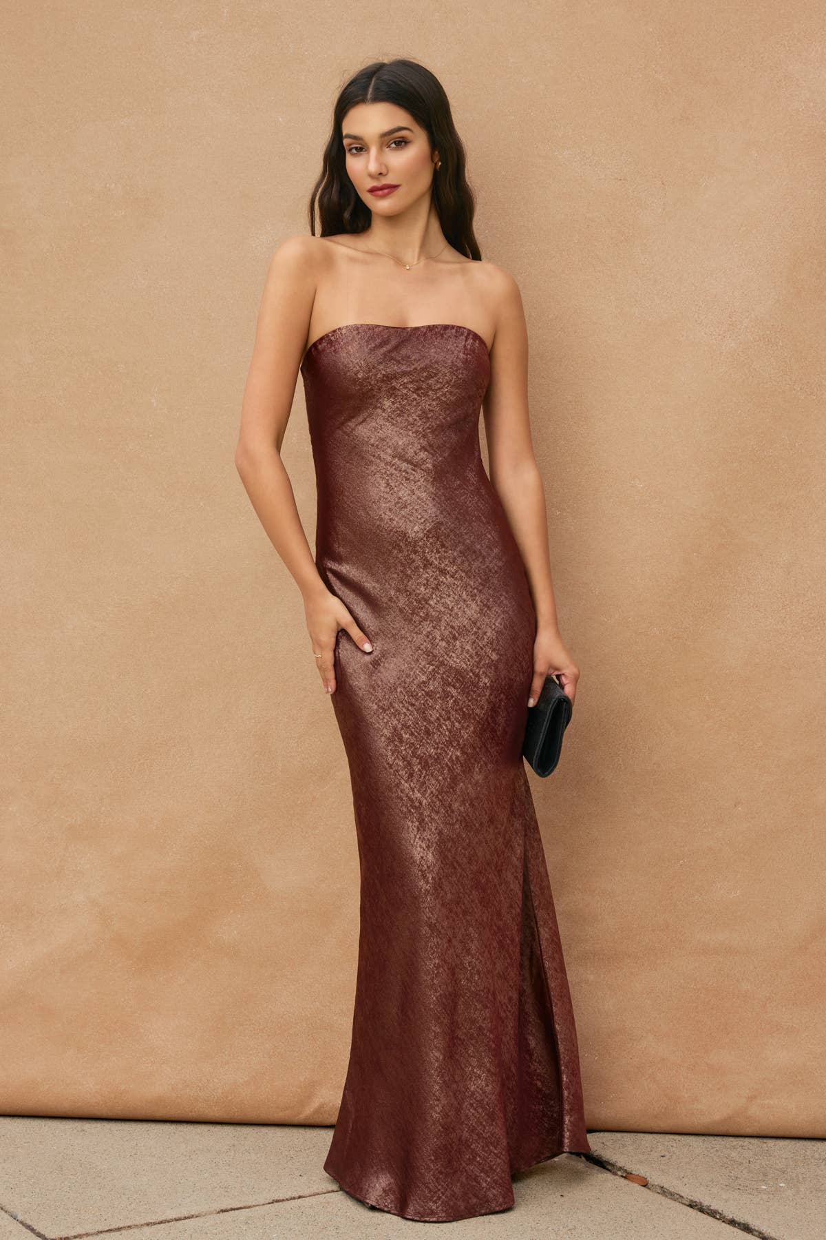 Metallic Strapless Draped Back Maxi Dress (RT)