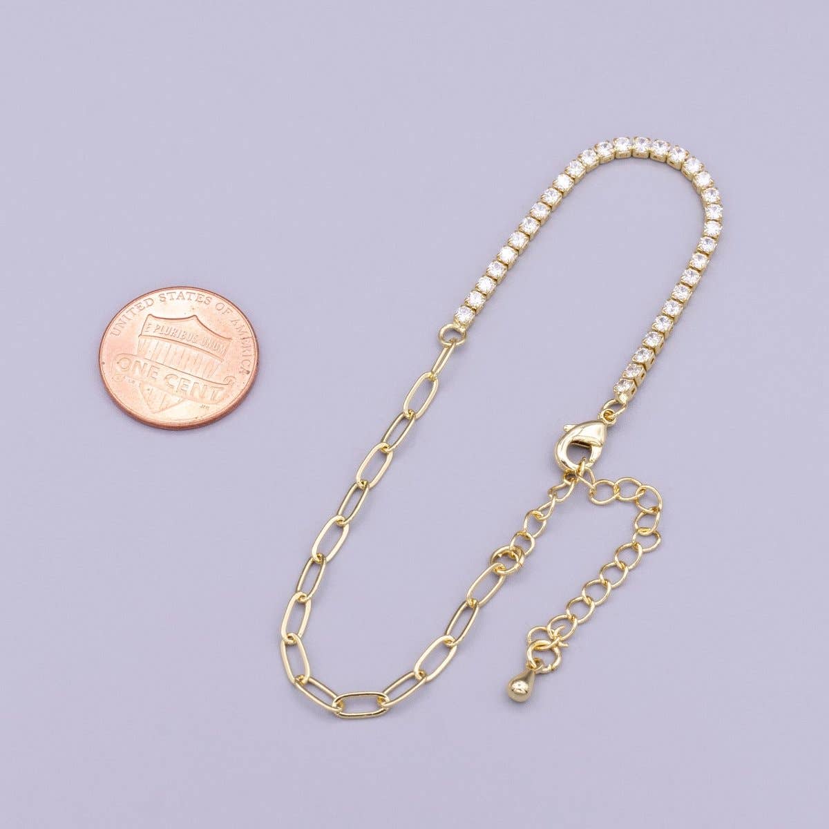 16K Gold Filled 2mm Half Tennis Half Paperclip 7 Inch Chain Bracelet
