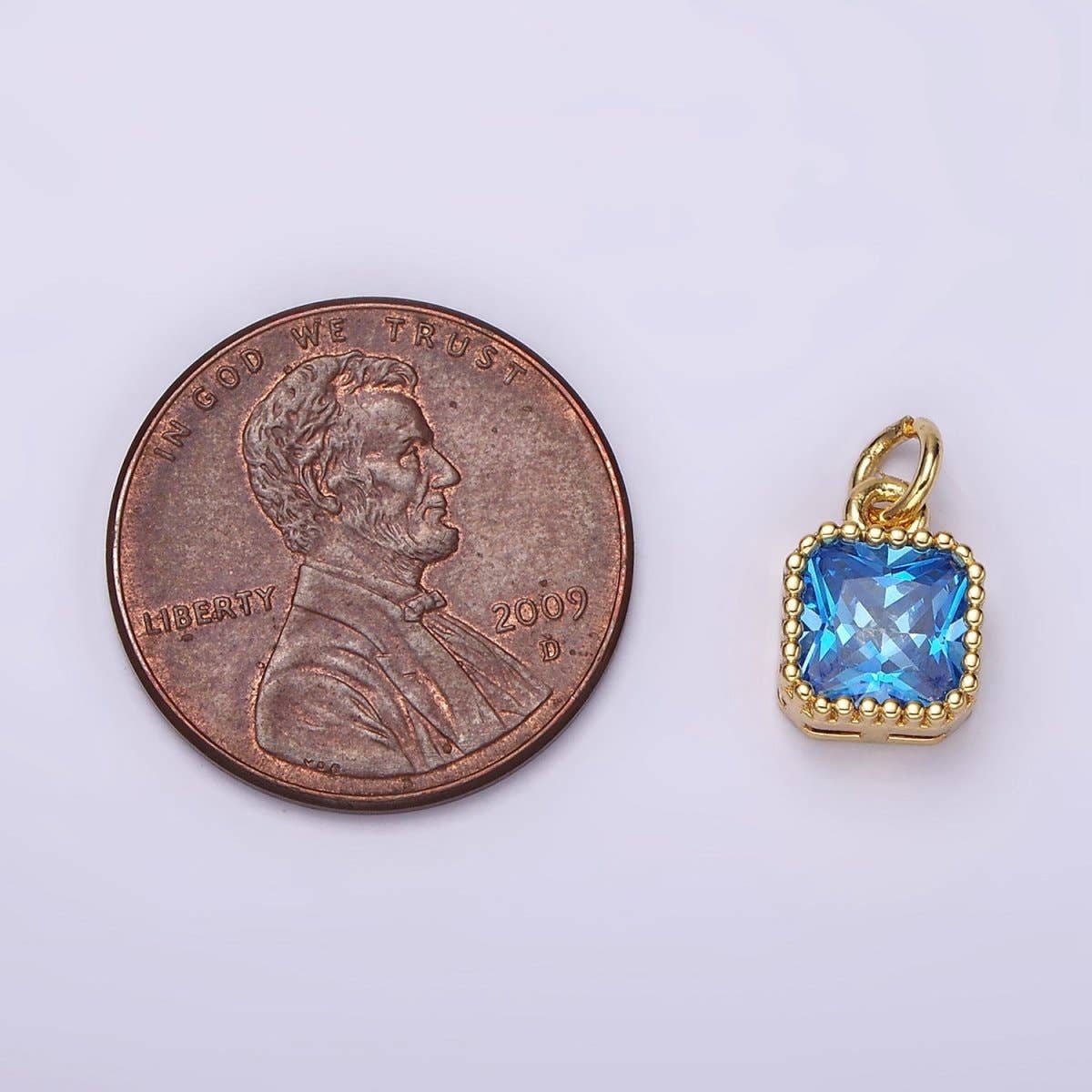 14K Gold Filled Blue, Baby Blue CZ Square Dotted Bezel Add-On Charm