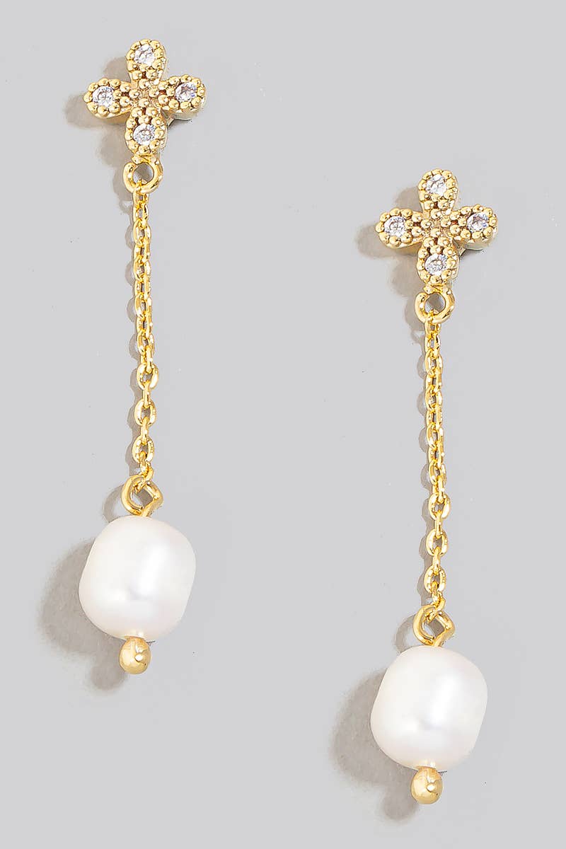 Pearl Bead Charm Chain Dangle Cross Stud Earrings