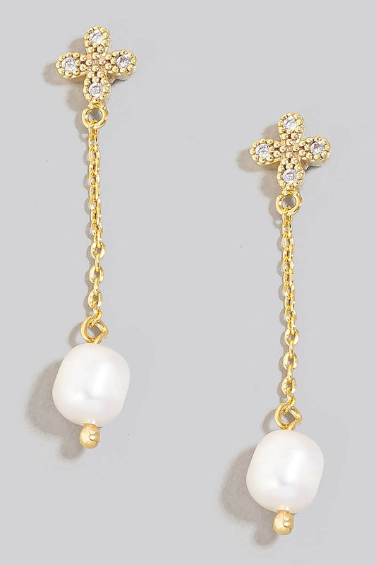 Pearl Bead Charm Chain Dangle Cross Stud Earrings