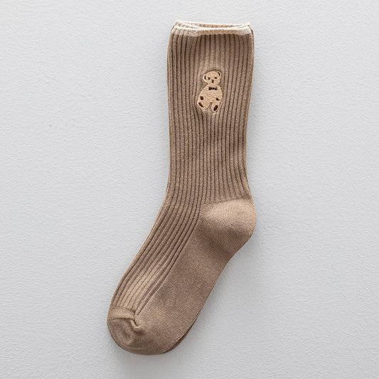 Brown Bear Embroidery Cotton Crew Sock