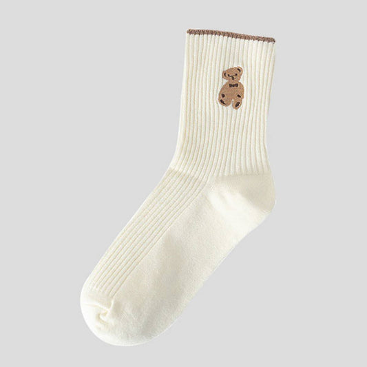 Brown Bear Embroidery Cotton White Crew Sock